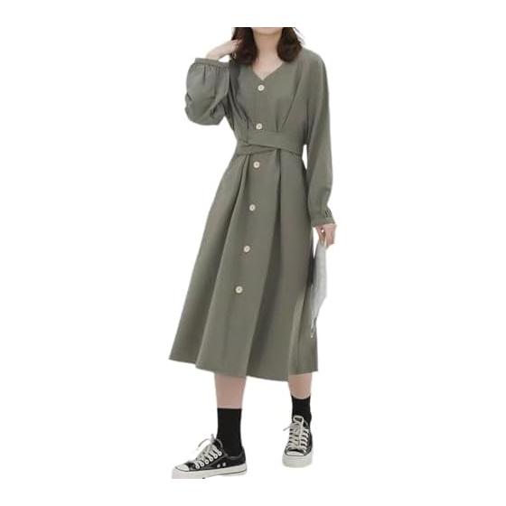 [Collecala] Autumn Dress, Women s Long Sleeve, V-Neck Dress, Waist Belt, Autumn/Winter Beautiful Long Dress, Pull-on One-piece Dress