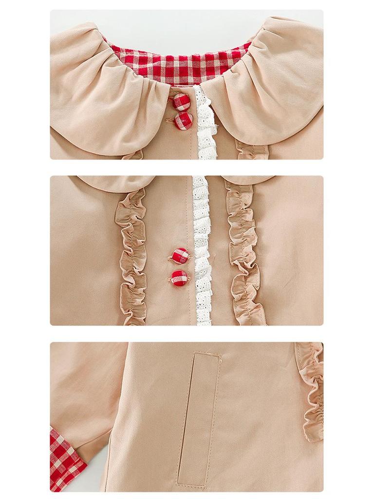 Mädchen karierter mittellanger Trenchcoat mit Peter-Pan-Kragen - 2025 Frühling & Herbst Mode Oberbekleidung