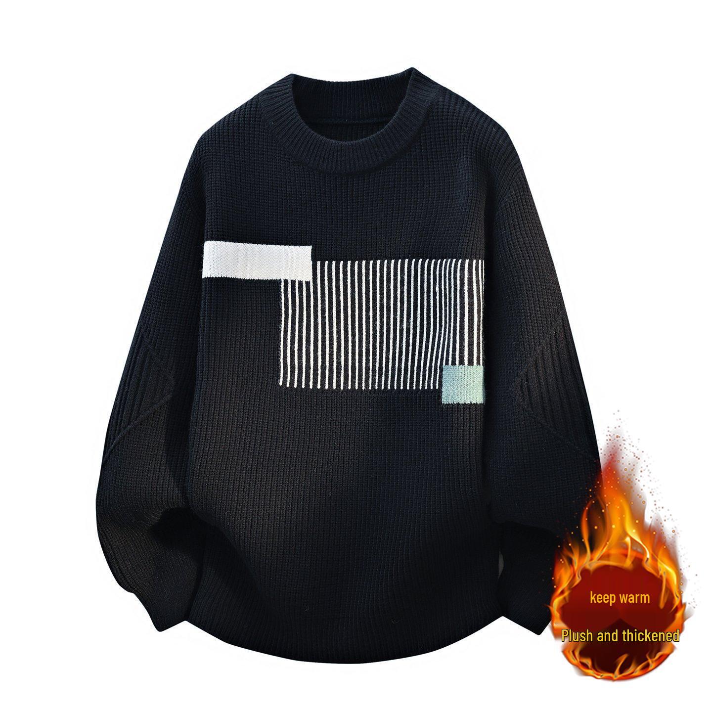 

Men s Trendy Color Block Fleece-Lined Knit Sweater for Autumn/Winter 4XL for 165-180 lbs