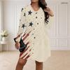 Women Plus Size V Neck Long Sleeve Printed Loose Fit Curved Hem Dress