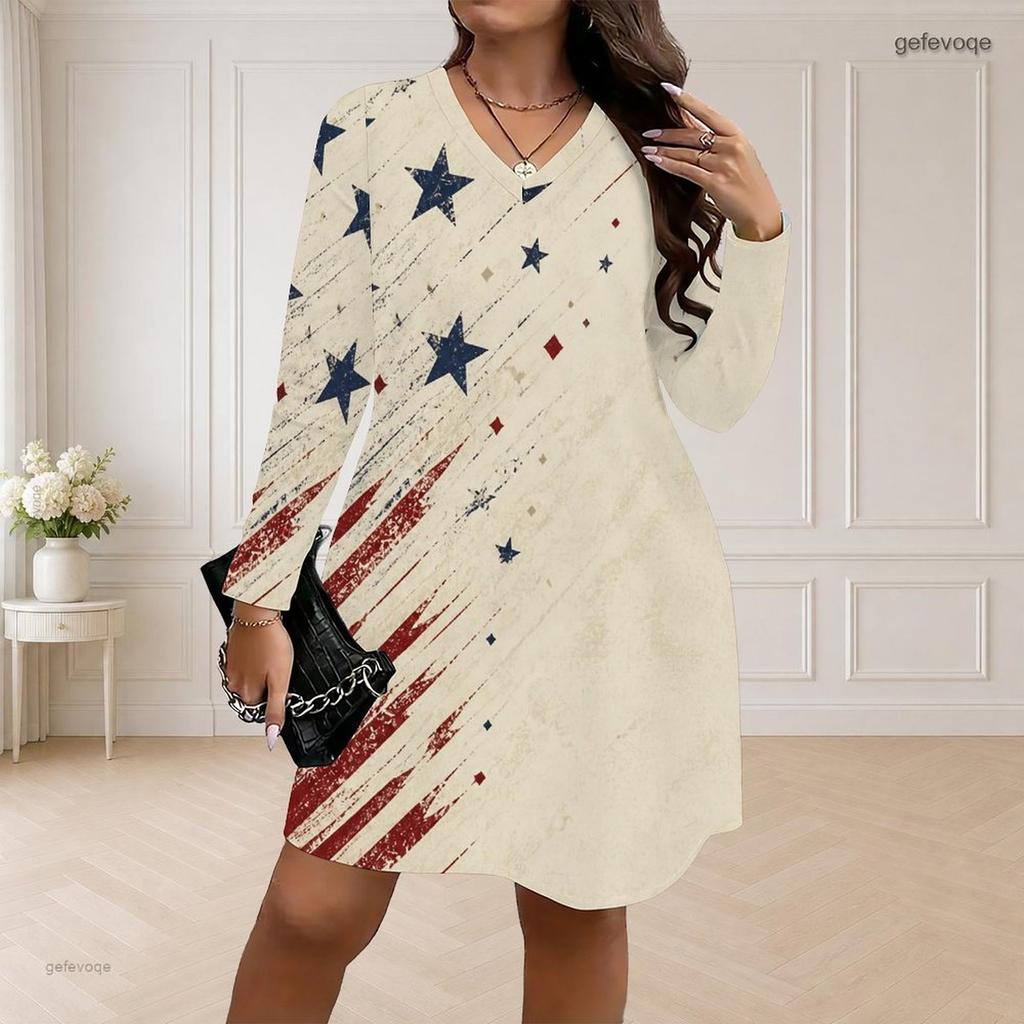 Women Plus Size V Neck Long Sleeve Printed Loose Fit Curved Hem Dress