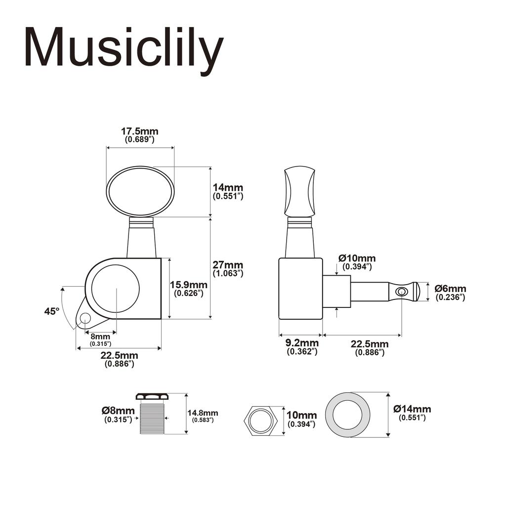 Musiclily Pro R15J Guitar Gear Vintage Oval for Electric Black 6-in-line Left-Handed Tuners, 151 Ratio, Buttons, Stratocaster/Telecaster Guitars,