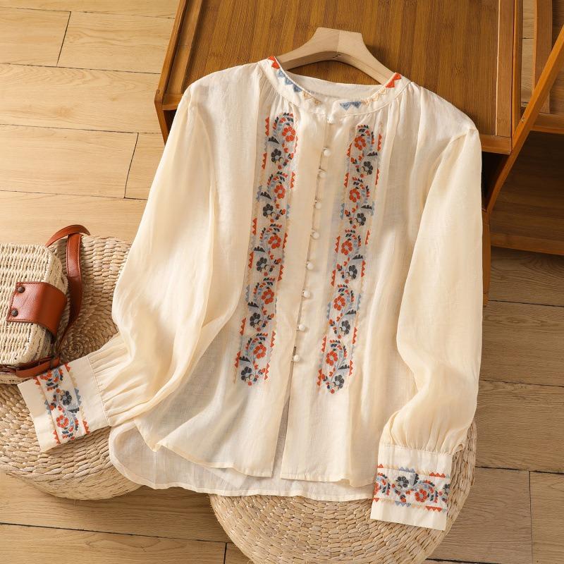 Vintage Ethnic Embroidered Long Lantern Sleeve Loose Thin Shirt For Women