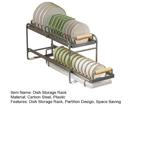 Dish Storage Rack Drawer Type Carbon Steel Frame Wooden Handle Organizer Rational Use of Space Drying Rack for Kitchen