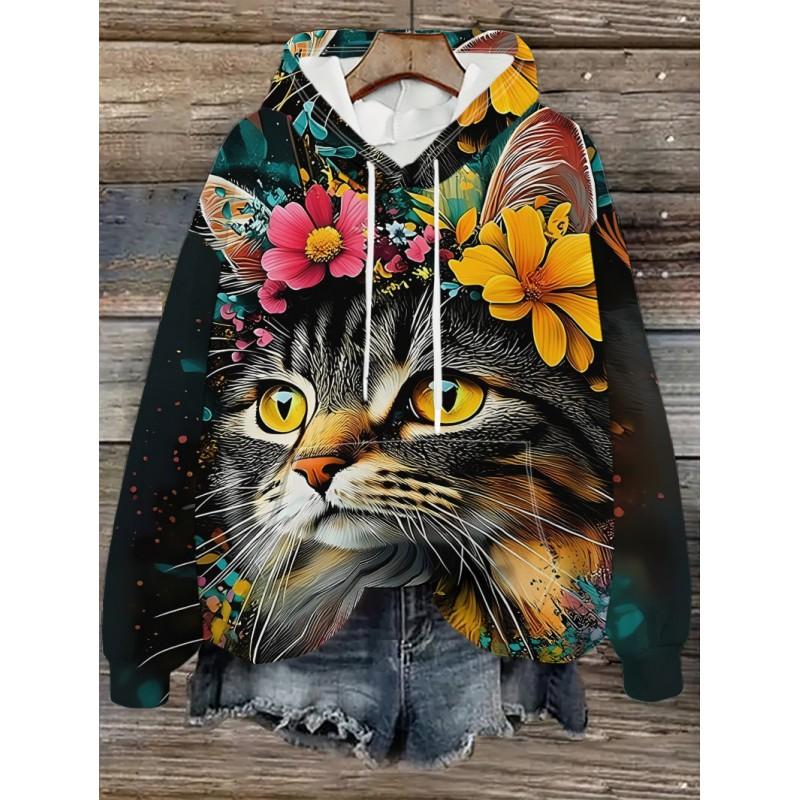 Womens Oversized Hooded Sweatshirt With Cartoon Animal Print Casual Streetwear Top Fall 2025
