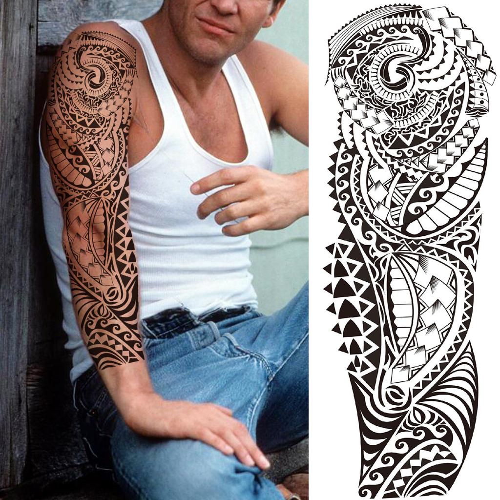 Black Maori Temporary Sleeve Tattoos For Men Women Fake Body Art Drawing Full Arm Sleeve 3D Wolf Dragon Military Tatoos For Show