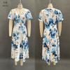 Elegante Abito Midi Floreale Estivo da Donna Scollo a V Manica Corta Vestito Avvolgente Vita Arricciata Orlo Spaccato Stampa Floreale Blu Oro Abito Estivo Casual per Spiaggia Vacanza