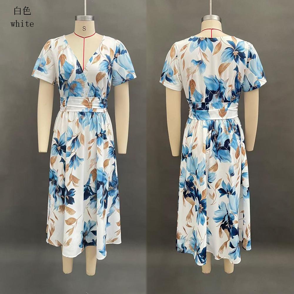 Elegante Abito Midi Floreale Estivo da Donna Scollo a V Manica Corta Vestito Avvolgente Vita Arricciata Orlo Spaccato Stampa Floreale Blu Oro Abito Estivo Casual per Spiaggia Vacanza