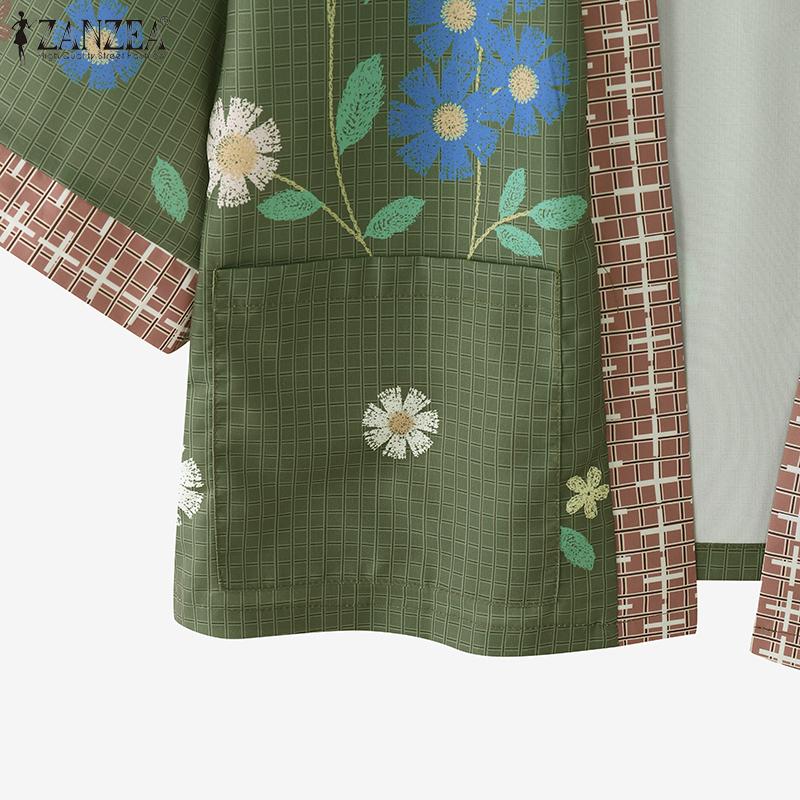 ZANZEA Women Floral Print Loose Casual 3/4 Sleeve Kimono Cardigan Blouse