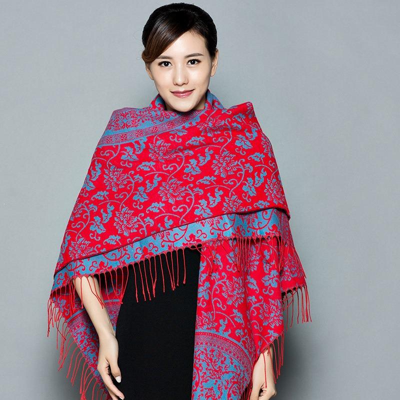 Ethnic Style Blue White Porcelain Faux Cashmere Scarf For Women Winter Autumn Travel Gift