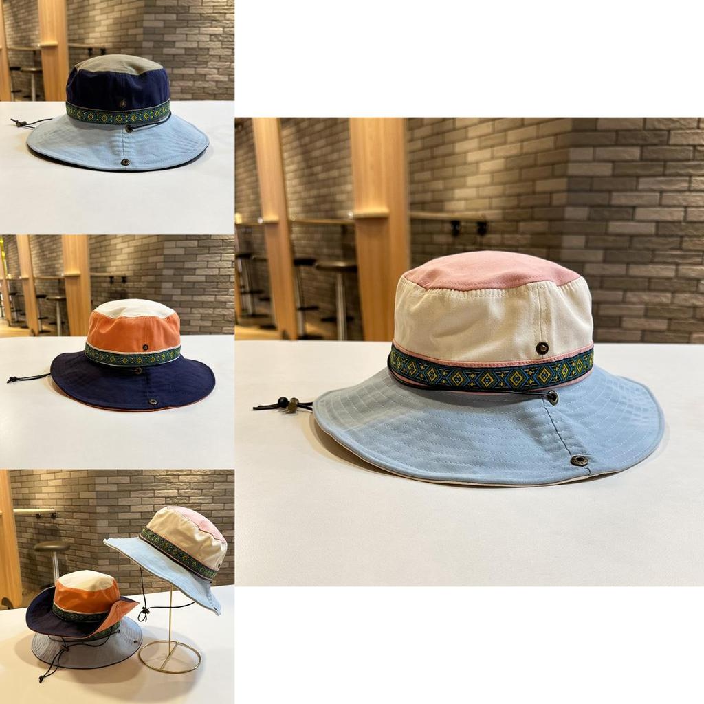 Wide Flat Top Brim Blue Sun Hat For Women Vintage Ethnic Style Color Block