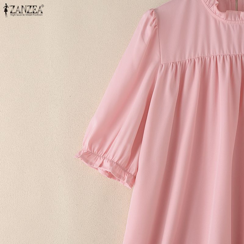 ZANZEA Women Casual Round Neck Solid Color Loose Half Sleeve Dress