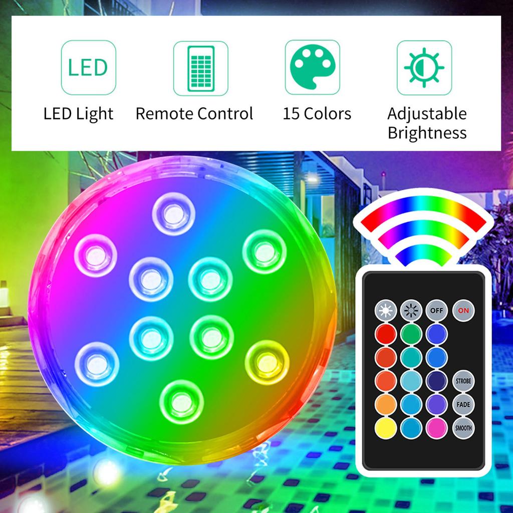LED Pool Light 15 Colors Water Resistant RGB Submersible Pond Light Underwater Lamp with Remote Control for Outdoor