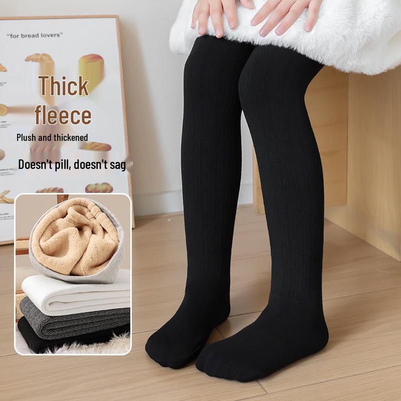 Girls' Autumn/Winter Thickened Velvet-Lined Cable Knit Leggings with Waist Protection
