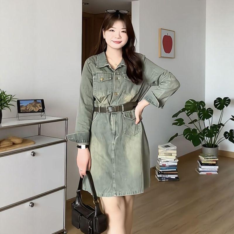 

Plus-Size Women s Clothing for Fat Girls, Retro Hong Kong Style Waist-Cinching Denim Dress + Belt, 2026 Summer Slimming and Versatile Dress Denim Skirt XL