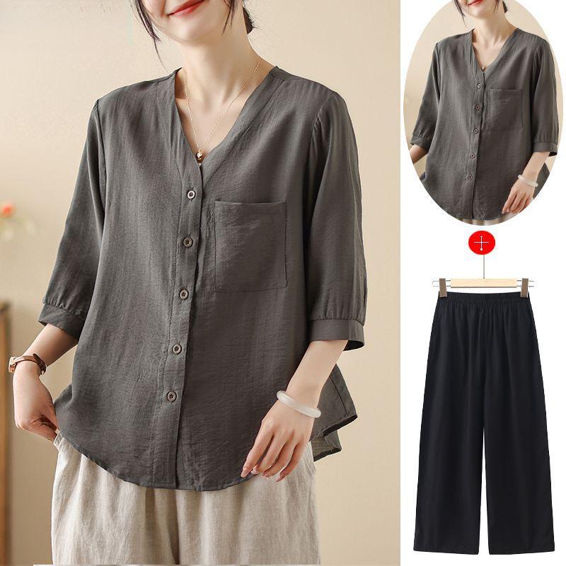 Summer Cotton Linen Lightweight Casual Shirt Set for Middle-Aged Women with Versatile Three-Quarter Sleeves