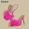 Mode Eilyken Neue PVC Schuhe Hausschuhe Frau Feder Transparent Hohe Absätze Fell Pumps Quadratische Zehen Pantoletten Damen Slides
