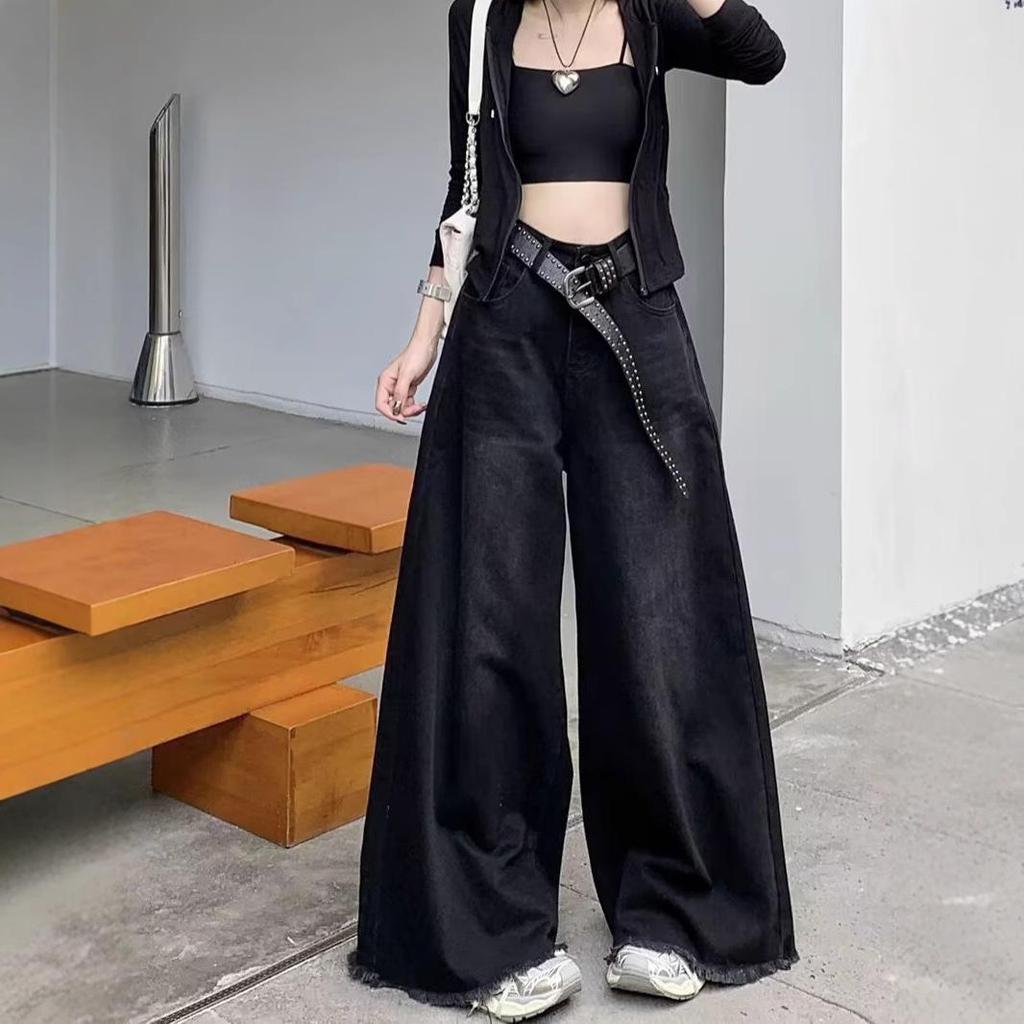 Übergroße Grunge Streetwear Jeans mit hoher Taille für Damen Lässige Baggy-Hosen mit Taschen Weitbeinige Denim-Hose