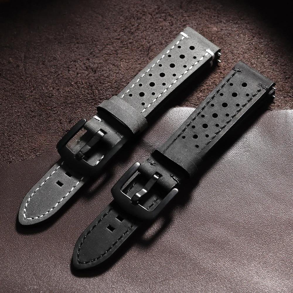 Vintage Handmade Watch Strap 18mm 19mm 20mm 21mm 22mm 24mm Racing Leather Strap Gray Black Brown Breathable Porous Watchbands