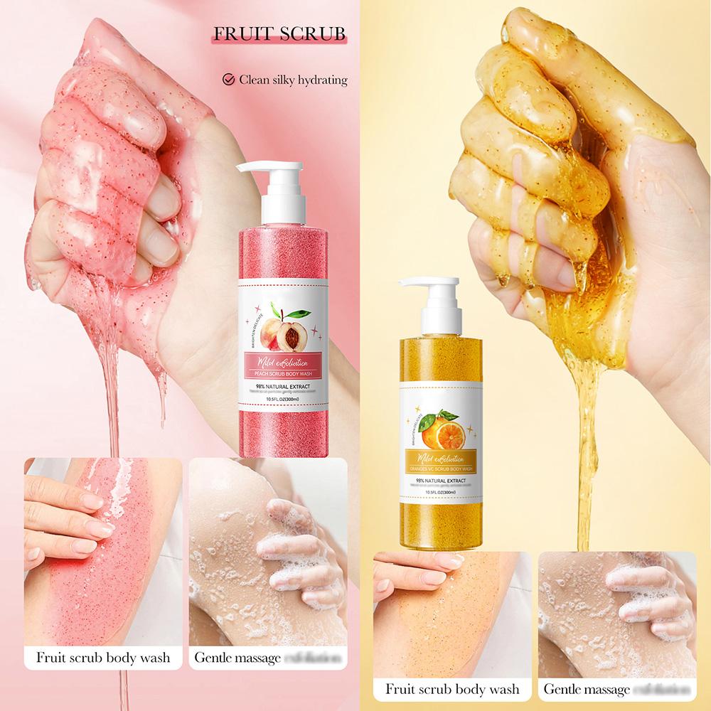 Exfoliating Scrub Body Wash Gel 300ml, Deep Cleansing & Moisturizing Shower Gel with Orange/Peach Scent, Gentle Smoothing Body Polish for Soft Skin