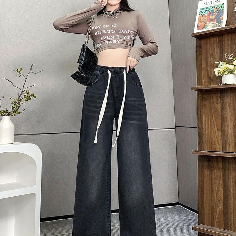 Plus Size Women's Black Denim Pants, Loose Elastic Waist, Wide-Leg, Straight, Floor-Length, Winter Extra Thick, Slimming, Fits Up to 200 Jin.