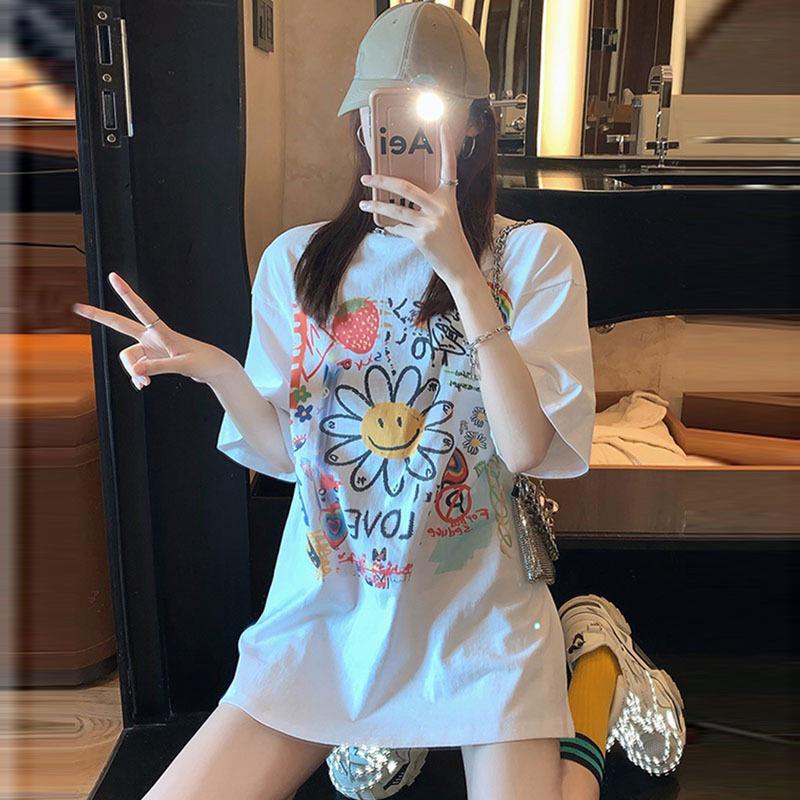 Summer 2026 Korean Style Trendy Cute Graffiti Loose Mid-Length Short-Sleeve T-shirt for Women