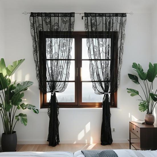 Volantvorhänge, Französischer Pastorale Spitzen-Gardine, Lichtfilternde Fenstergardine, 2-in-1 Doppelnutzung Kurzer Vorhang für Wohnzimmer Schlafzimmer Balkon Erker