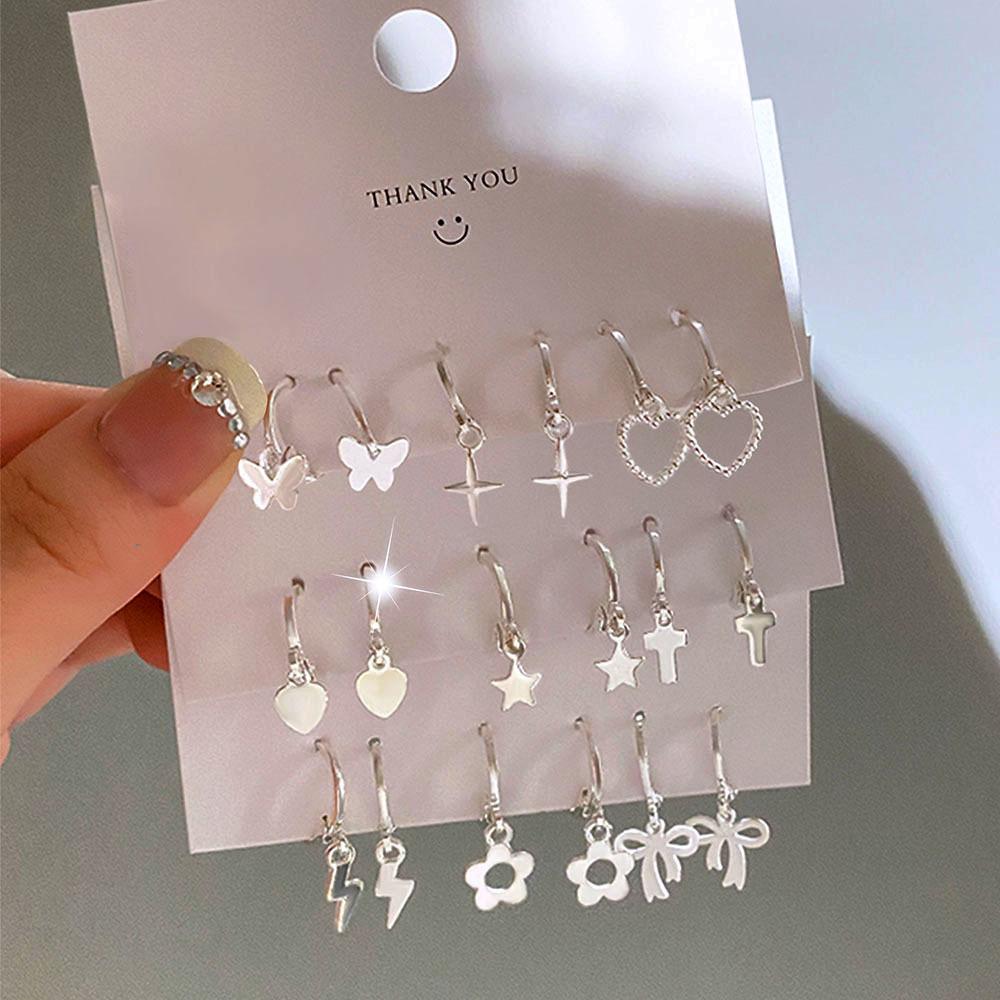 Sweet and Cool Jewelry Ins Cold Wind Love Ring Six-piece Set of Earrings, Personalized Ear Buckles, High-end Card Earrings.