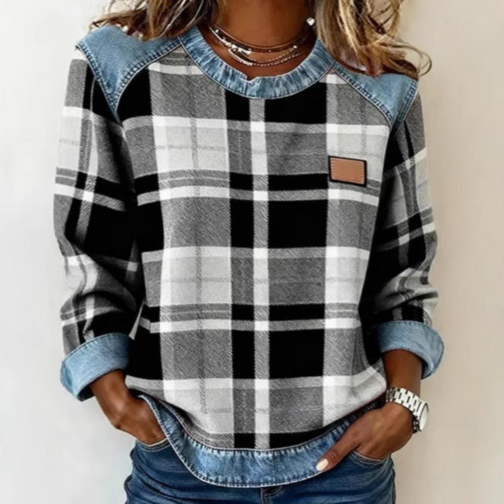 Nuova Felpa da Donna Girocollo Larga Patchwork a Quadri in Denim
