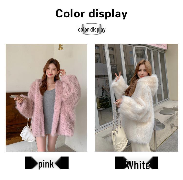 Evropský a americký zimní plyšový kabát s kapucí pro ženy - plus size, volný střih, design s nadýmanou kožešinou.