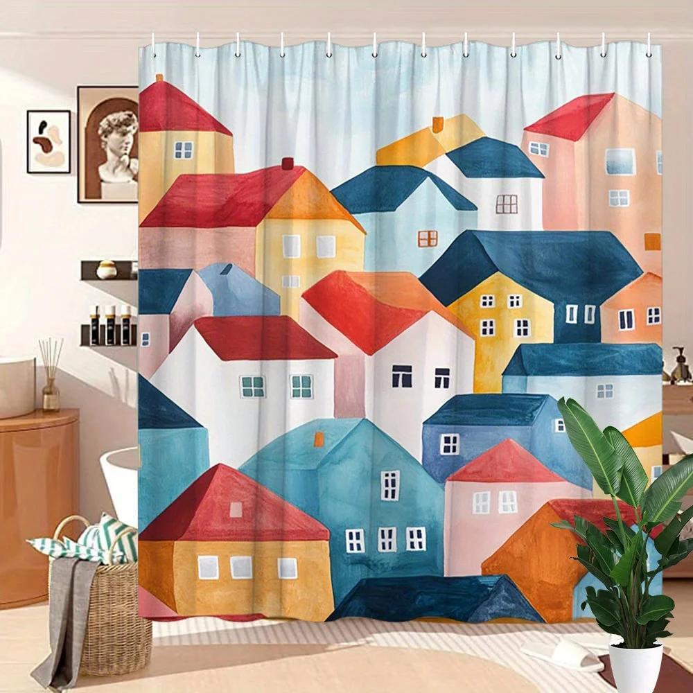 Colorful Abstract Houses Shower Curtain - Water-Resistant, Easy to Clean, Adds a Modern and Artistic Touch to Your BathroomDecor
