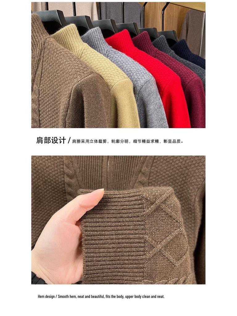 Zimní pletený svetr s půlzipem a vysokým límcem 2025 - Teplý jednobarevný svetr pro střední věk i mladé