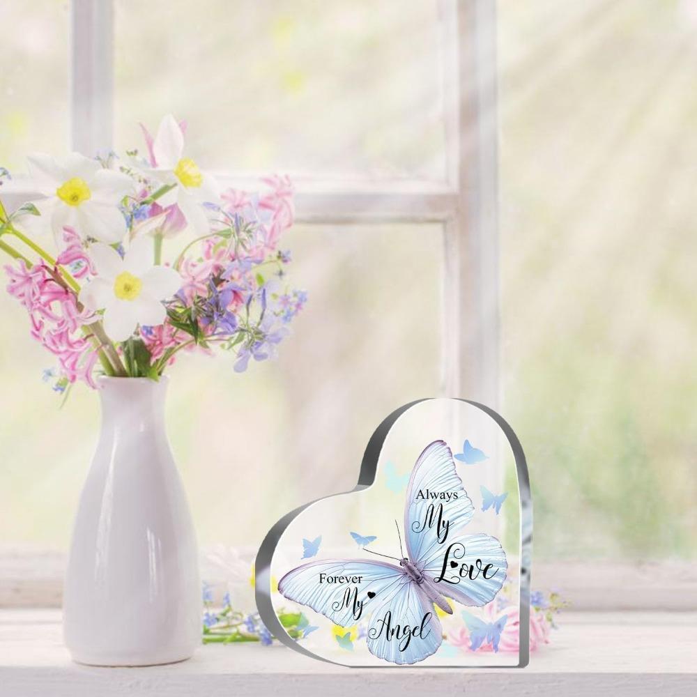 1pc Heart-Shaped Acrylic Memorial Plaque - 'Forever My Love, Forever My Angel' Bereavement Sympathy Gift with Blue and White Butterfly Design