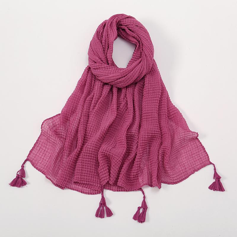 Crinkle Pleated Cotton Hijabs With Tassels Muslim Long Shawls Soft Headscarf Wraps Foulard Islam Turban Headband Solid Bandana