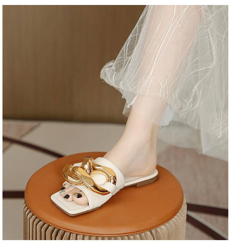 

Модные женские сандалии на плоской подошве больших размеров 35-43, шлепанцы с массивными цепями, пляжная обувь, женские шлепанцы с открытым носком, уличные домашние слайды для девочек 7.5 бежевый