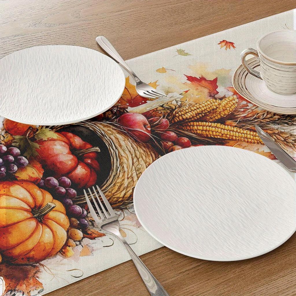 1 Stück Herbsternte Tischläufer, Aquarellgemalter Kürbis, Obst und Gemüse, Getreideähre, Geeignet für Restaurant, Zuhause, Thanksgiving-Party,