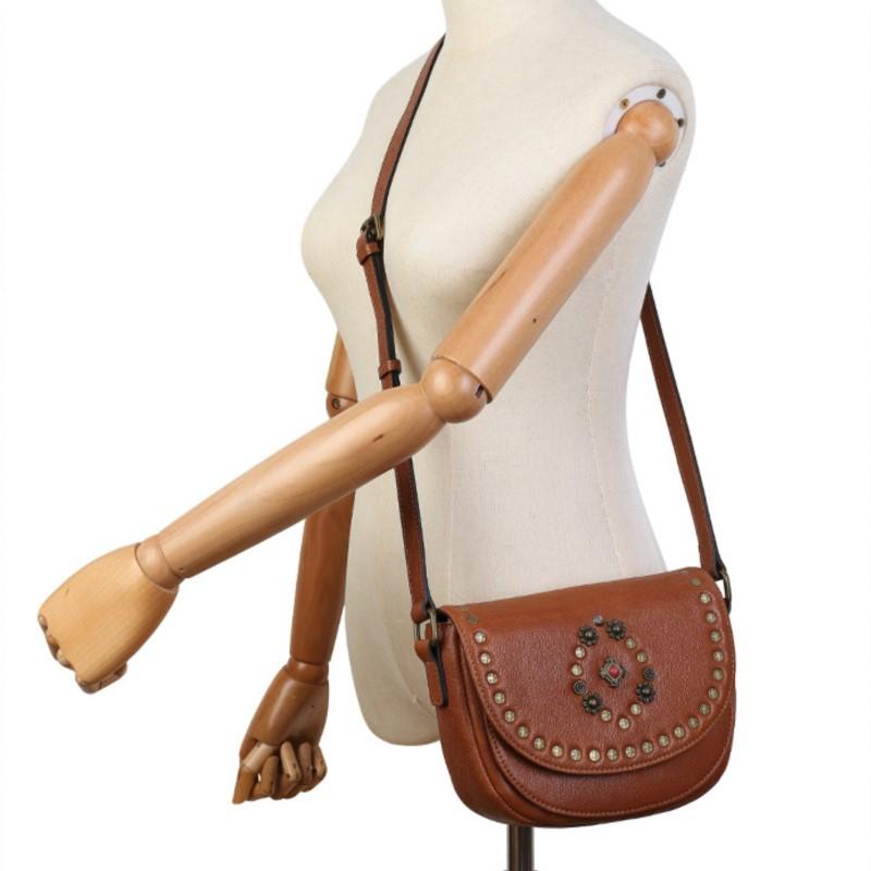 Johnature Genuine Leather Women's Saddle Bag Retro Handmade Rivet Shoulder & Crossbody Bags