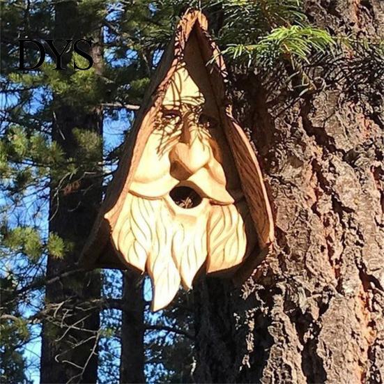 Birdhouse with Carved Hair Happy Spirit Synthetic Resin Human Face Bird Wire Hanger Nest Hand-Carved Ancient Tree Fairy