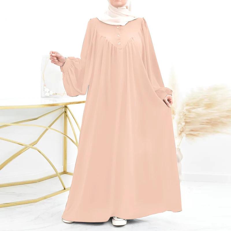 Modern Puff Sleeve Muslim Women's Robe: Spring/Autumn Solid Color Long Dress