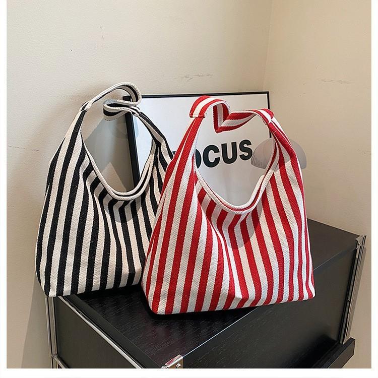 Stylish Korean Striped Large Tote Bag Versatile Retro Canvas Shoulder Bag For Daily Use
