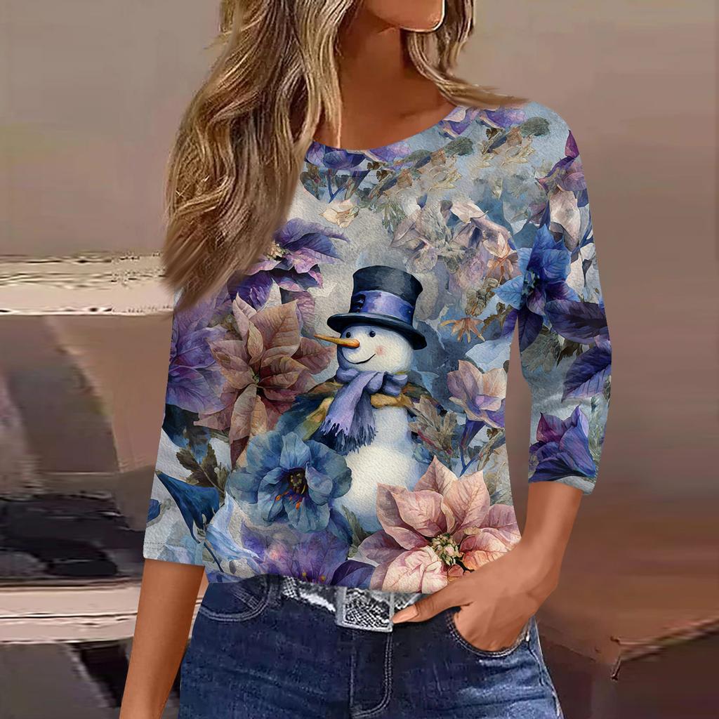 3/4-ermet damebluser blomstermønstret vintage mote avslappet løs med rund hals pluss størrelse skjorter