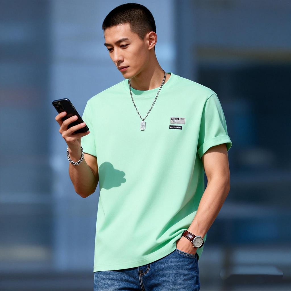 Men's T-shirt Summer Mint Green Short Sleeve Round Neck Tee Casual Slim Fit Cotton Top Breathable Soft Male Clothing Minimalist