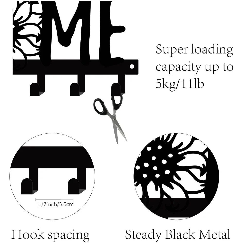 1pc Sunflower & Letter Design Black Metal Key Holder – Multi-Purpose Wall Hook for Porch, Hallway, Ideal for Keys and Clothes