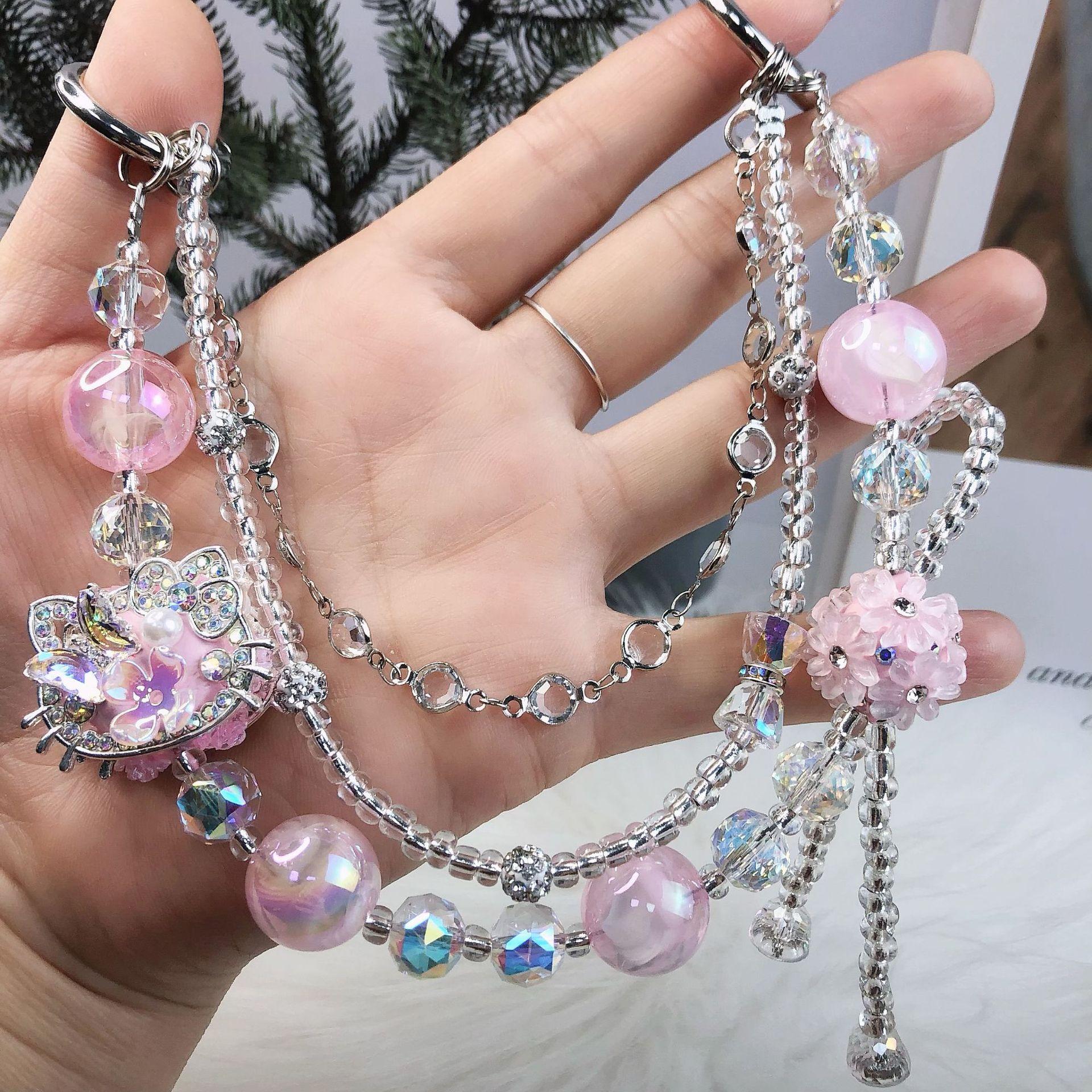 

Luxury Beaded High-End Phone Lanyard Cat Wrist Strap Pearl Rhinestone Handmade Bowknot Bracelet Anti-Lost Mobile Phone Chain рожевий
