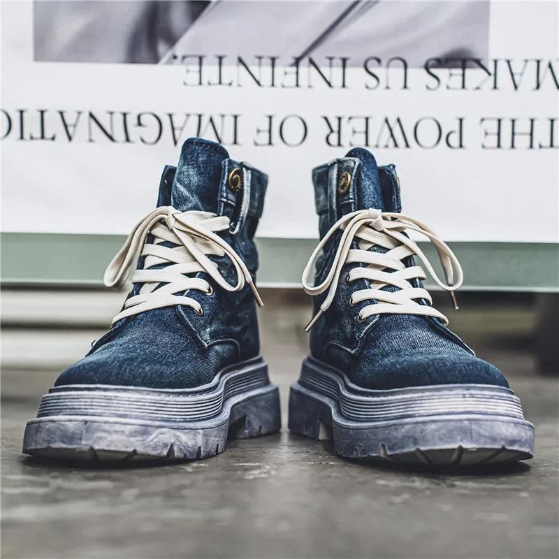 Vintage Blaue Cowboy-Stiefel Für Herren Trendige Street Herren Plateau-Stiefel Winter Bequeme Tooling Stiefeletten Mann Botas Masculino