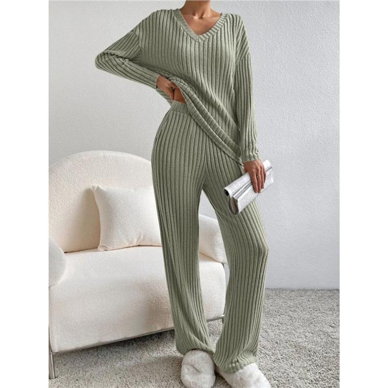 Two-piece Set 1116 Autumn Fashion Straight-leg Pants V-neck Pit Strip Knitted Sweater Casual Suit Women's Clothing
