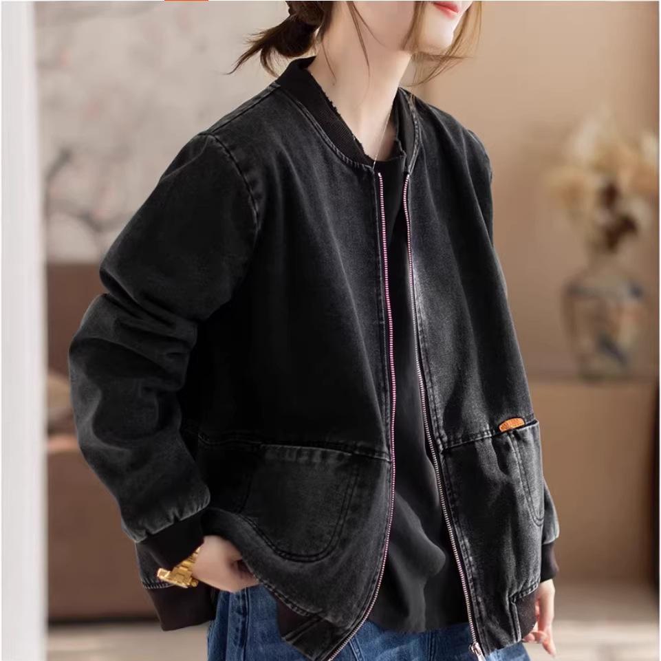Giacca di Jeans Retro Usurata Stile Coreano con Patchwork a Coste