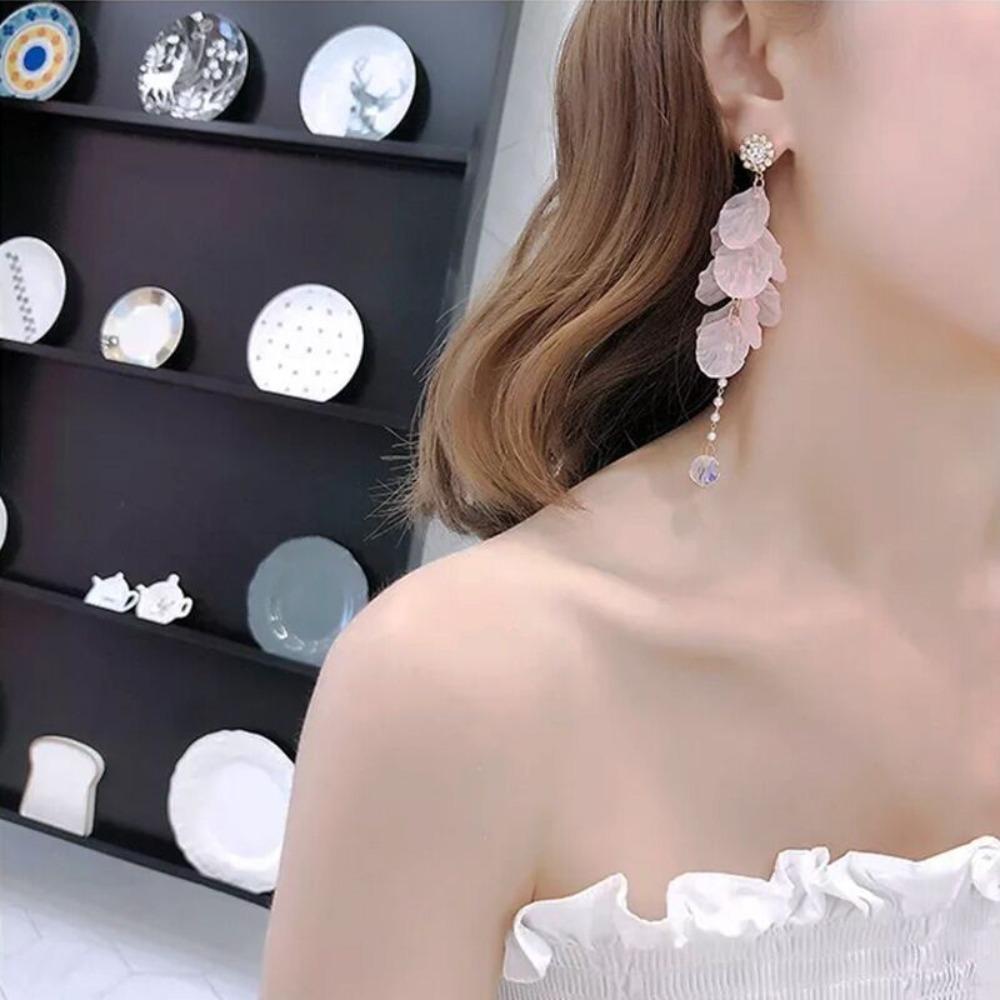 Super Fairy Pink Flower Petals Pearl Long Tassel Dangle Earrings for Women Romantic Wedding Party Daily Wear Vacation Jewelry