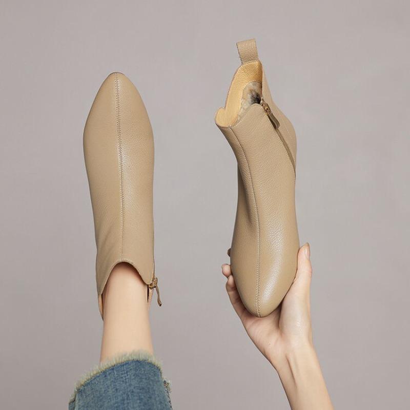 Soft Leather Short Boots Women's New Autumn and Winter Cotton Boots Slope Heel Middle Heel Ankle Boots Bare Boots Velvet Warm