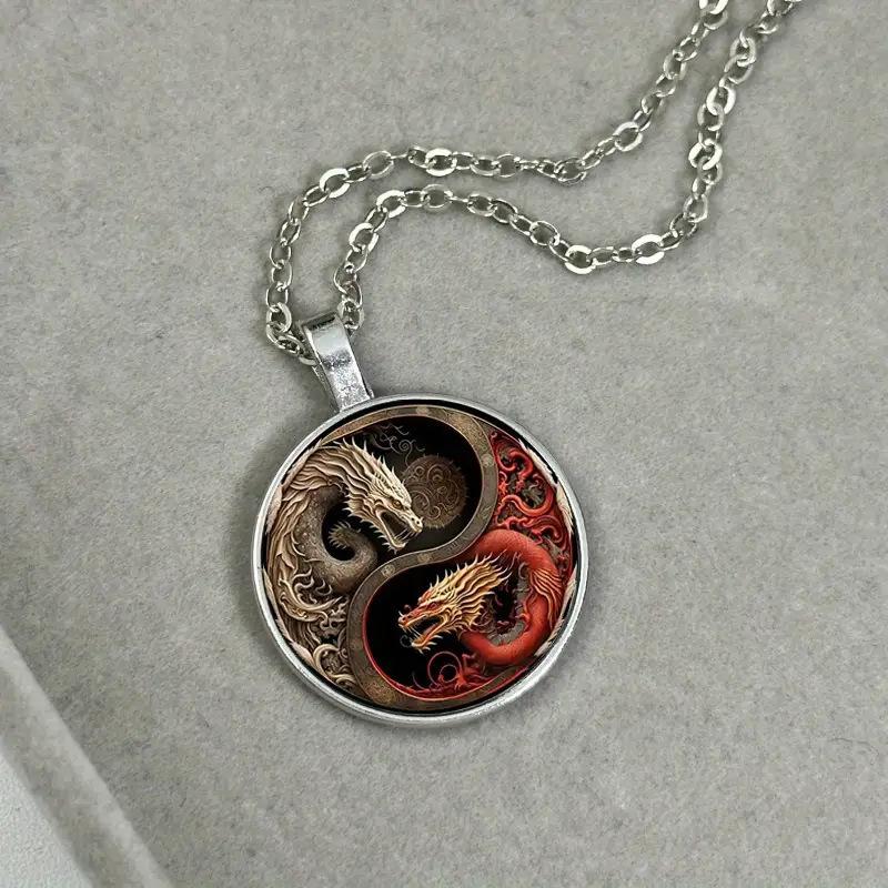 Wisiorek z naszyjnikiem Yin Yang Smok Vintage dla Mężczyzn Mitologia Chińska Gotycki Punkowy Dodatek Biżuteryjny